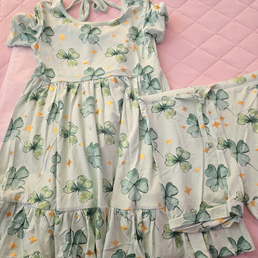 Green Clover Print Dress and Pants Set